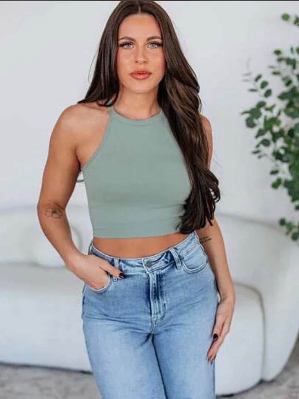Wishlist Sage Green Cropped Halter Tank